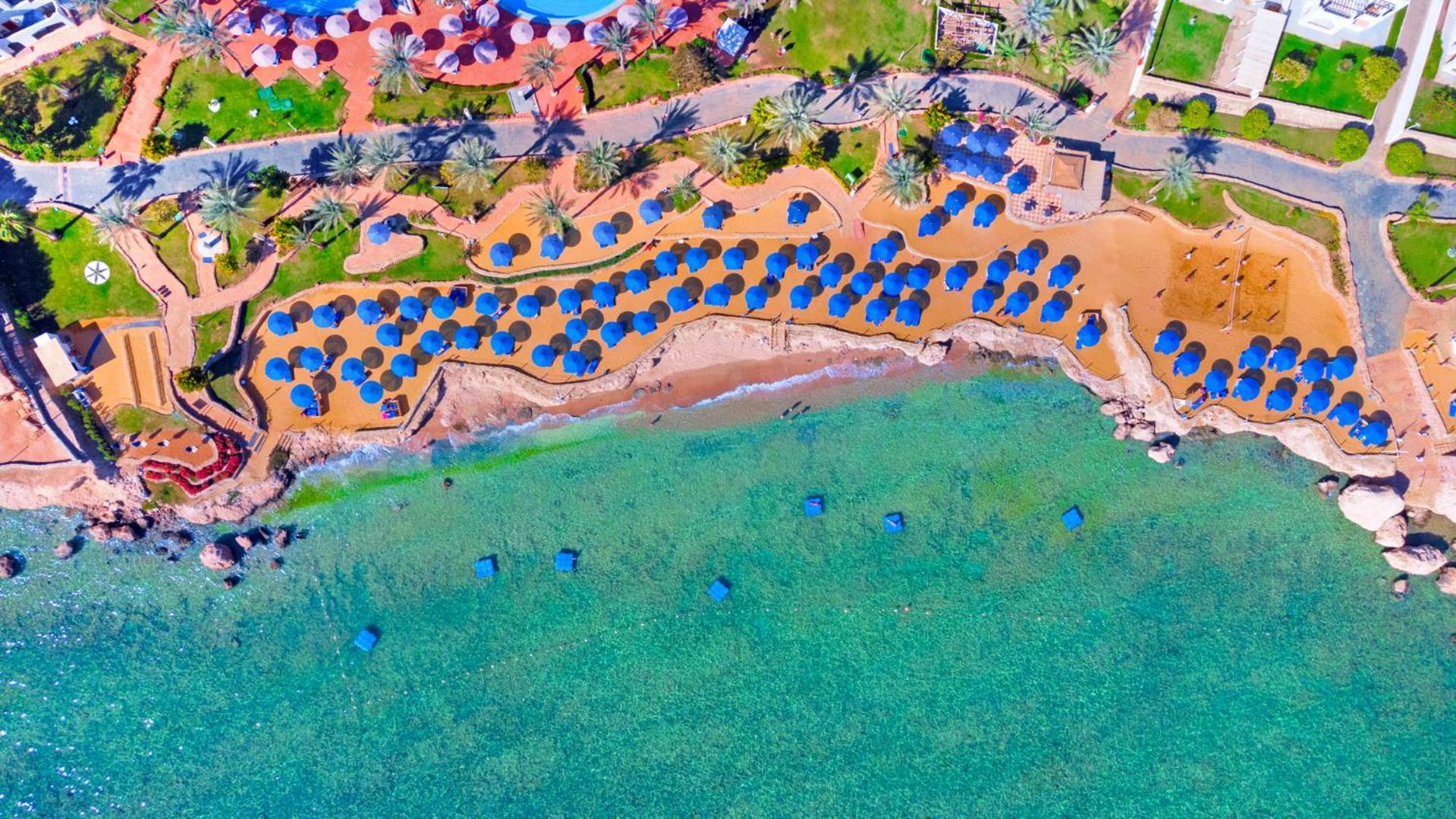 Pickalbatros Royal Grand Sharm - Adults Friendly 16 Years Plus Exterior photo The photo shows an aerial view of a beach resort area. You can see a stretch of golden sandy beach lined with numerous blue umbrellas. The beach is bordered by clear turquoise waters. There are palm trees scattered throughout the area, adding to the 