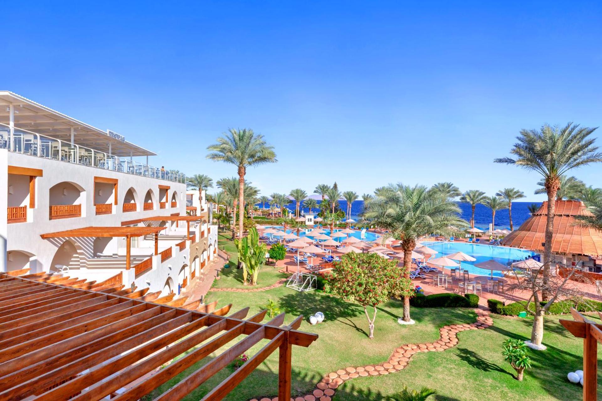 Pickalbatros Royal Grand Sharm - Adults Friendly 16 Years Plus Exterior photo The photo showcases a beautiful resort setting, featuring several palm trees and a clear blue sky. In the foreground, there's an area with landscaped gardens, including green grass and a stone pathway. The resort buildings, with archways and wooden d